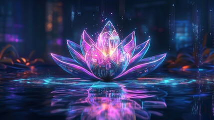 Canvas Print - A Neon-Lit Lotus Flower Emerging From Water in a Digital Cityscape