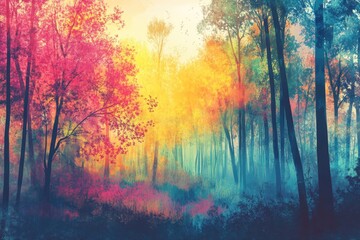 Wall Mural - Vibrant and colorful forest backdrop featuring a mix of hues offering ample space for text or design elements