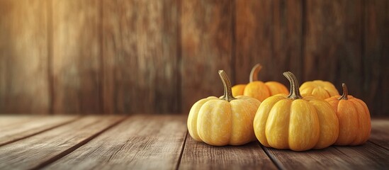 Fototapete - A closeup of different pumpkins on a wooden surface with room for your text autumn themed backdrop. with copy space image. Place for adding text or design