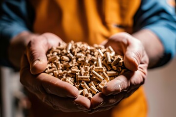 Wood pellets in hands A man holds wood pellets in his hands. Biofuels. Renewable energy source. Pressed sawdust for industrial use. Alternative bio fuel. Wood filler used in cat litter.