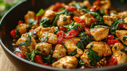 A close-up of a Thai basil chicken dish,