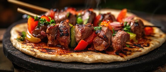 Aufkleber - Close up view of delicious grilled meat with vegetables on Georgian pita Shashlik or barbecue meat served on pita Shish kebab a dish from traditional Georgian cuisine Copy space for design Dark backg