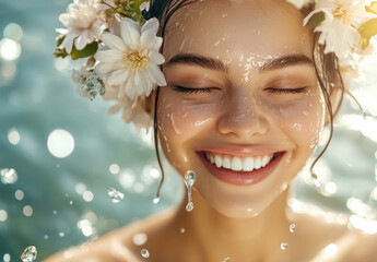 Poster - A beautiful woman with flowers in her hair, smiling and splashing water on her face, a happy expression