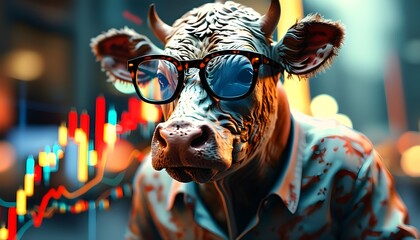 Digital bull wearing glasses embodies financial success and market trends in a vibrant trading landscape