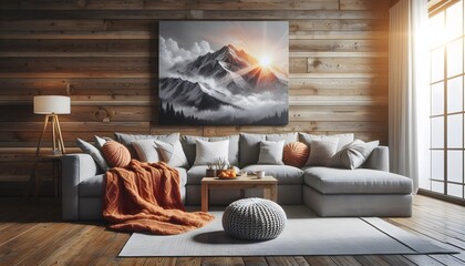 Wall Mural - Interior of a cozy living room in a wooden cabin