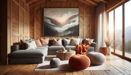 Wall Mural - Interior of a cozy living room in a wooden cabin