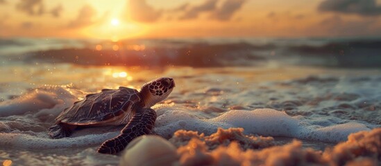 Wall Mural - Sea turtle returning to the ocean selective focus with copyspace Releasing sea turtle back to Mother Nature