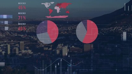 Wall Mural - Animation of financial data processing over cityscape