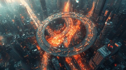 Wall Mural - Futuristic city infrastructure with AI traffic flow control: Aerial view of a bustling city with smart traffic managed by AI.