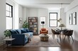© Michael - 3D Urban Loft Design Featuring Comfort-Oriented Sofa Elegant Dining Set and Stylish Bookshelf on Clean White Backdrop