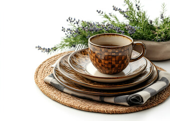 A brown and white plate accompanied by a matching cup and saucer, elegantly arranged on a table setting.