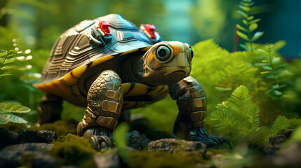 Wall Mural - An innovative robotic tortoise with a digital shell exploring a smart garden