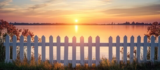 Aufkleber - A white classic fence frame during evening sunset on the river shore waterfront district suitable for walking featuring soft colors and ample copyspace for your text