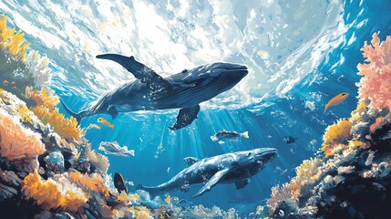 Wall Mural - A vibrant underwater scene showcasing majestic sharks swimming gracefully among colorful corals and shimmering fish.