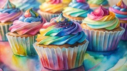 Rainbow frosted cupcakes with vibrant colors and swirls displayed on a colorful background