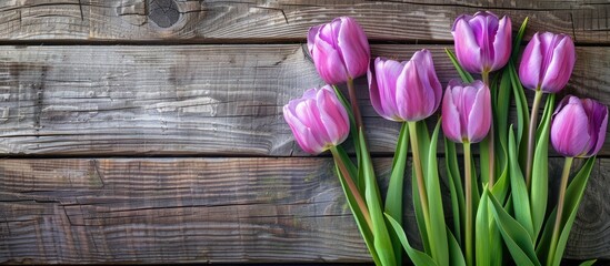 Fototapete - spring flowers holiday background gift ideas for easter or mother s day purple tulips on a wooden ta