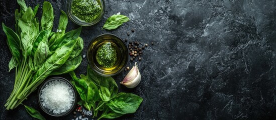 Fototapete - Ingredients for pesto a bunch of ramson olive oil parmesan cheese garlic salt and pepper arranged over a black textured background with copyspace Top view