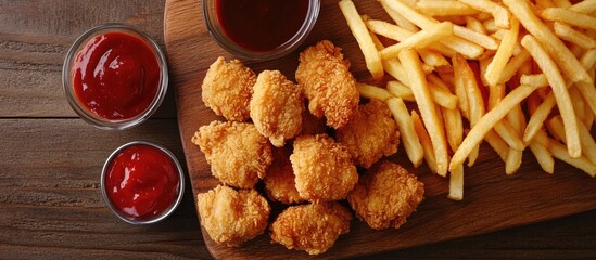 Aufkleber - A close view of a wooden board featuring a portion of chicken nuggets french fries and dipping sauces. with copy space image. Place for adding text or design