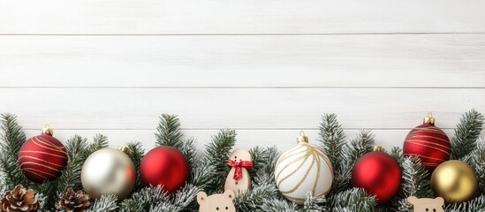 Aufkleber - Christmas arrangement featuring fir branches golden and red balloons and wooden toys on a white wooden surface. with copy space image. Place for adding text or design
