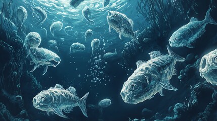 Wall Mural - Underwater scene showcasing various fish swimming in serene, blue ocean depths amid bubbles and marine plants.