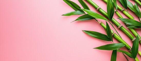 Poster - Bamboo shoot Bamboo stem and leaves on a pink background viewed from above with copy space