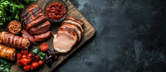 Poster - Pork smoked meat appetizer meal snack on the table with copyspace food background rustic