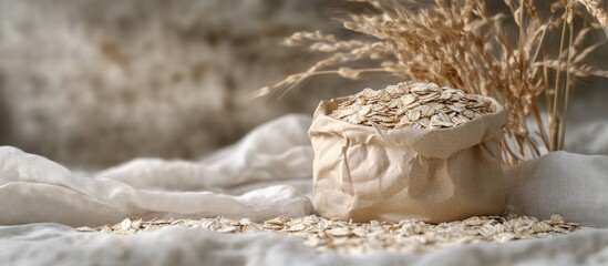 Fototapete - Dry natural oat flakes Oatmeal in an eco friendly paper bag Natural linen backdrop featuring the eco bag and oat flakes. with copy space image. Place for adding text or design