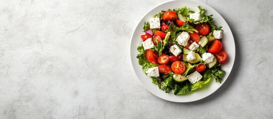 Leinwandbilder - A fresh vegetable salad with feta cheese on a white plate set against a light slate stone or concrete background Top view with copy space