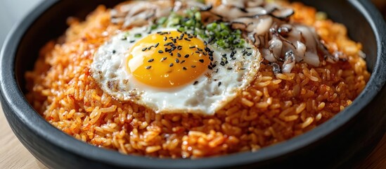 Leinwandbilder - Tasty volcanic shaped fried rice with egg and spicy sauce featuring pork and squid a well known South Korean dish at a restaurant in Jeju Island close up. with copy space image