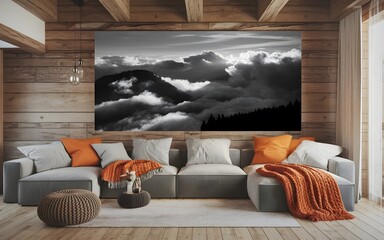 Wall Mural - Interior of a cozy living room in a wooden cabin