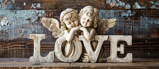 Poster - Two adorable angels and the word love crafted from ivory Valentine s Day A holiday postcard. with copy space image. Place for adding text or design