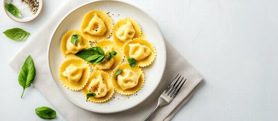 Fototapete - Italian dinner tortelli or ravioli filled with pumpkin and parmesan cheese garnished with basil leaves accompanied by a fork on a light napkin White background Copy space