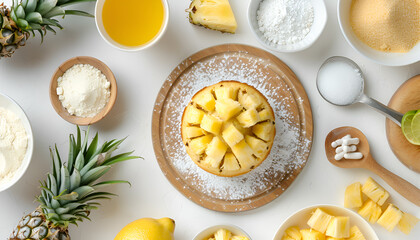 Canvas Print - Board with tasty pineapple cake and ingredients isolated on white, top view