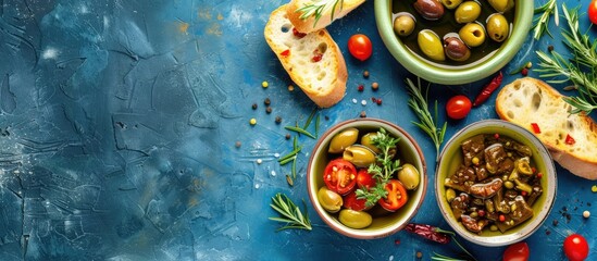 Aufkleber - Mediterranean snack assortment Olives oil sun dried tomatoes herbs and sliced ciabatta bread arranged on a blue painted backdrop top view copy space