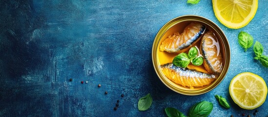 Poster - Top view of a can of sardines in oil accompanied by basil leaves and a slice of lemon on a blue rustic table. with copy space image. Place for adding text or design