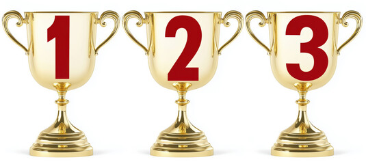 Set of gold, winner isolated on transparent white.  Winner trophy seats red number 1 2 3. Can be used as a symbol associated with a tournament or prize, championship. Sports achievement.