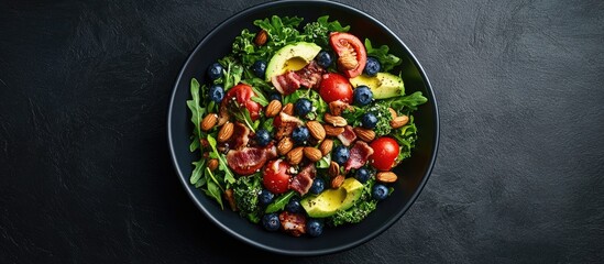 Aufkleber - Salad Traditional American or French restaurant salad prepared with kale arugula almonds blueberries walnuts tomatoes bacon blue cheese and avocado dressed with olive oil. with copy space image