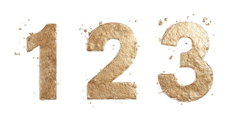 Gold numbers 1 2 3 isolated on transparent background png. Gold numbers for awards, winners, place assignments, date or anniversary designs.