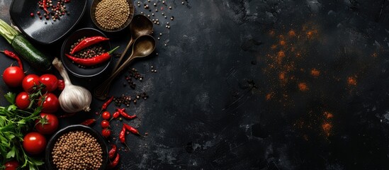 Poster - Ingredients and cooking tools on a black background with an empty area Food background from a top view with copyspace