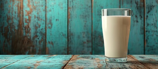 Fototapete - A glass of fresh milk on a vibrant wooden background with copy space