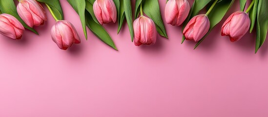 Poster - Pink tulips on a pink background Flat lay top view Copyspace