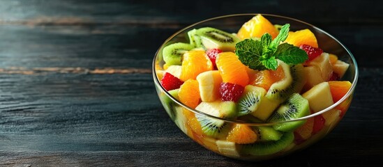 Poster - Refreshing fruit salad A healthy mix of fruit with green mint on a wooden table Fresh banana orange and kiwi combined on a black background Copyspace
