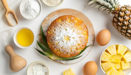 Canvas Print - Board with tasty pineapple cake and ingredients isolated on white, top view