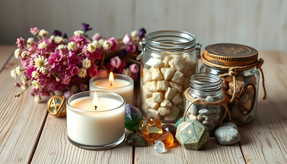 Symbolic wax candle, healing magic gemstones, floral cleansing bundle, spell jars on wooden background. Esoteric, wicca occult ritual. witchcraft things for Self-Care Ritual, good energy in home iso