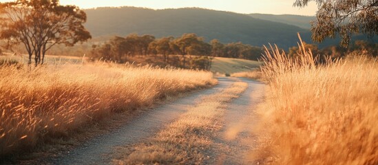 Poster - Dry grass along a country road in the Australian bush features golden tones Nature background image with copy space