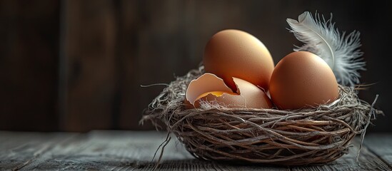 Aufkleber - Brown eggs in a basket a broken egg with yolk and a feather on a dark rustic table background Top view. with copy space image. Place for adding text or design