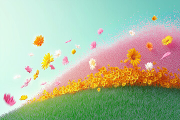 Wall Mural - A creative love concept featuring fresh spring flowers bursting into an exploding bouquet against a sky background, celebrating love and the spirit of Valentine's Day. . Copy space for text. 