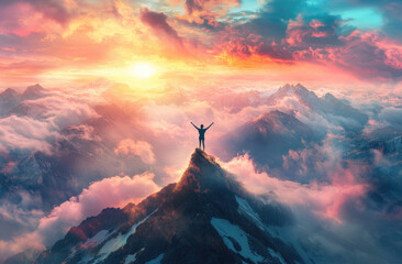 Sticker - A person standing on top of the mountain with their arms raised, overlooking vast mountains and clouds at sunrise