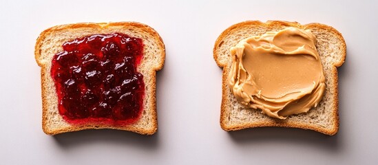 Leinwandbilder - Jelly compared to peanut butter in a side by side shot One slice of bread has grape jelly and another slice features creamy peanut butter. with copy space image. Place for adding text or design