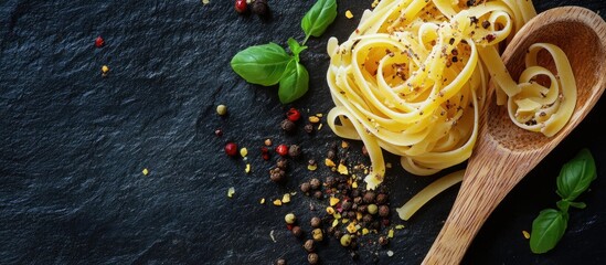 Poster - organic raw pasta and spices in a wooden spoon on a black background. with copy space image. Place for adding text or design